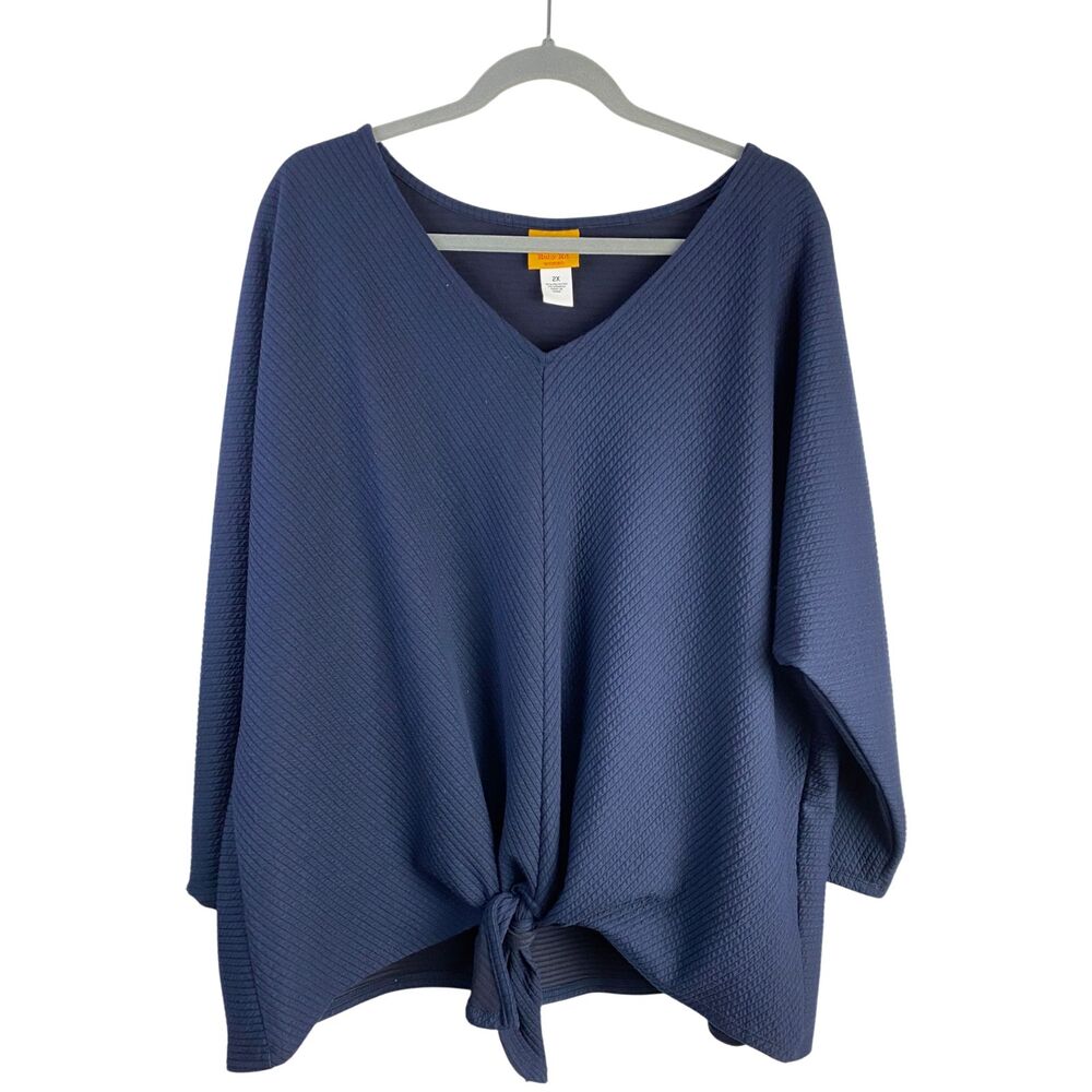 Ruby Rd Woman 2X Navy Blue Textured Knot Tie Front Top V Neck 3/4 Sleeve Blouse